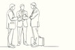 © Jarmila - Minimalist business meeting line art illustration of three professional men discussing strategy. Modern continuous line drawing ideal for corporate presentations, consulting and teamwork concepts