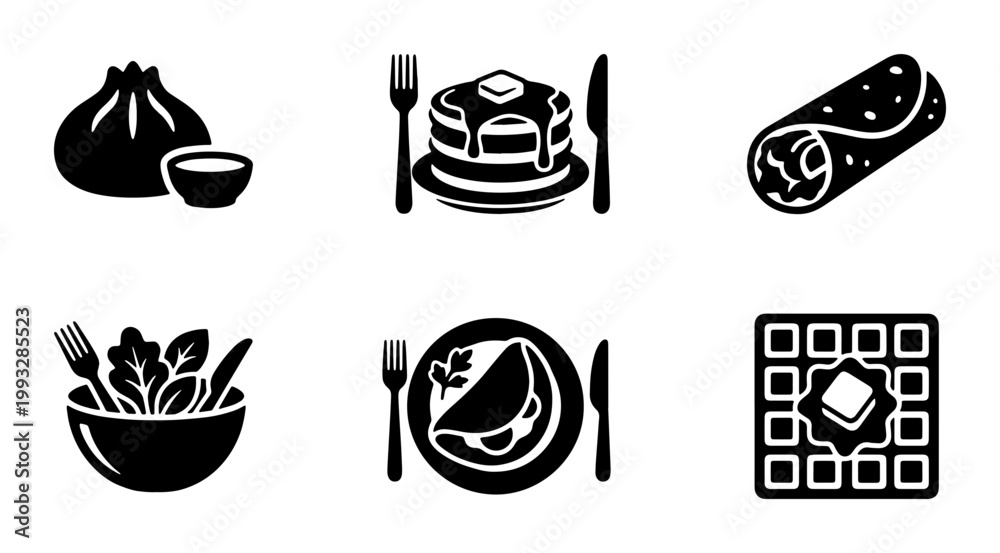 Minimalist food icon set, black solid vector symbols of breakfast and ...