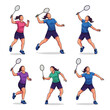 © pradana - Six female badminton players in action poses with rackets
