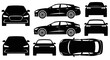 © Deviantosarman - Set of Black Car Silhouettes: Front, Side, Top Views, Modern Sedan and Hatchback