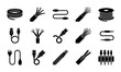 © Jeba - Electrical cable and wire icons set, 15 black vector symbols of power cords and fiber optic connectors, industrial wiring and data connection elements
