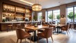 © Matthew - Modern, elegant cafe with wooden furniture, cozy lighting, and large windows. Inviting atmosphere