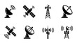 © Taslima - Satellite and telecommunication tower icons, 8 black vector silhouettes of radio antennas and space satellites, wireless signal transmission symbols