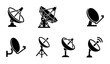 © Mamunur - Satellite dish icons set, telecommunication antenna vector collection, black parabolic radar silhouettes for broadcast and space communication technology