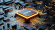 © graphicview35 - Quantum computing processor chip on a motherboard circuit board with glowing golden data lines and electronic components