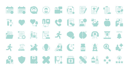  Collection of medical and health-related icons, including calendar, heart, phone, and laboratory equipment