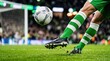 ©  S u n n y B u n n y - Close up of athlete in green striped kit kicking soccer ball on grass field at stadium