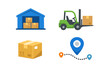 © Ahmed - Set of four colorful logistics and shipping icons featuring a blue warehouse with boxes, a green forklift carrying a package, a cardboard delivery box, and a location tracking route map.