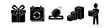 © Nort Kor - Set of black logistics and e-commerce silhouette icons featuring a gift box, subscription calendar, payment coin, storage boxes, and a delivery person holding a package.