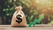 © Farhat - Money bag with dollar sign and rising green arrow graph on wooden table representing financial growth investment success and economic prosperity against a blurred green natural