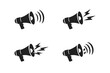 © wiggins - Set of Four Black Megaphone Icons with Sound Waves and Lightning Bolts, Flat Vector Illustration of Bullhorns for Marketing, Advertising, Public Announcements, Protest, and Emergency Alerts.