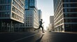 © Muhimah - Runner sprints between tall buildings in an urban setting at sunrise
