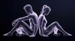 © Vitalii But - Glowing ethereal male, female figures sitting back-to-back on dark background. Abstract human anatomy, spiritual connection.