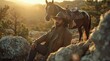 © kawan - Rugged Cowboy Resting on Rocky Mountainside with Saddled Horse at Golden Hour Sunset