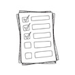 © Mugi - Illustrated checklist with multiple checkboxes and blank lines on a lined paper sheet.