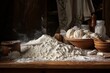 © nsit0108 - Flour and dough balls ready for baking on a wooden table in a traditional kitchen