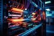 © nsit0108 - Rack servers with glowing lights and network cables creating data connections