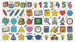 © MdMahfujAhmmed - Kids education doodle icon set with alphabet numbers school supplies shapes books globe classroom learning elements colorful vector collection