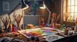 © SashaMagic - Artist's Desk with Vibrant Paint and Tools, Warm Light