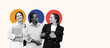 © Prostock-studio - Three women stand together chatting and laughing. One holds a coffee cup, while another carries a bag. They are in an urban area with colored circles in the background.