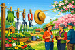 © Maxim Borbut - Gardeners talk while surrounded by tools and flowers in a sunny garden setting during springtime