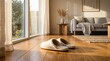 © Valentyna - Pair of soft white home slippers resting on a polished hardwood floor in a sun-drenched minimalist living room. The scene is