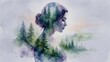© Artistic Memory - Profilo di donna in doppia esposizione con foresta di pini in acquerello
