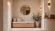 © Lillie - Minimalist Entryway with Wooden Bench and Round Mirror