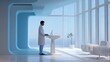 © WS Studio 1985 - Serene Medical Study: A focused doctor stands in a bright, modern clinic space, engrossed in contemplation. The image evokes a sense of serenity and the pursuit of medical knowledge.