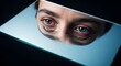 © Paul - A reflective glass surface reveals features with heavy eyelids and faint lines bathed in soft focus light with deep psychological tension, glow, dreamlike, features