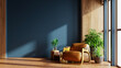 © Vanitjan - Modern cozy living room interior design with brown leather armchair blue wall mockup and sunlight- 3D rendering