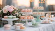 © Arfa_Media - Pastel macarons and fresh flowers presenting a sweet catering spread on a lace-draped table at a rooftop event