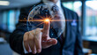 © Muhammad - Businessman hand touching a glowing digital globe, representing global network connection and communication technology