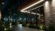 © Narongsag - Modern brick building exterior with warm glowing linear lights and glass walls illuminated at night