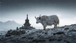 © 琛明 周 - High-Altitude Majesty: A majestic yak stands amidst a serene mountain landscape, near a spiritual monument, under a starlit night.