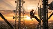 © Dara - A worker is climbing a tall cell tower during sunset. He is secured with a safety harness and rope.