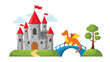 © Ryan - Majestic cartoon castle with red roofs and flags stands proudly, while a friendly orange dragon crosses a blue bridge.