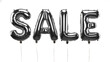 © AM Visual Stock - Silver foil balloons spelling sale with white background typography promotion commerce shopping discount advertisement marketing celebration clearance seasonal isolated uppercase metallic