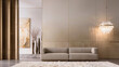 © Creative  - modern living room,Modern beige sofa sits in center.Crystal chandelier glows with warm light.Golden wall panels add luxury feel.Abstract painting hangs in the background.Fluffy white rug