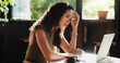 © peopleimages.com - Frustrated, woman and headache with laptop in coffee shop for mistake, remote work or stress. Tired, female person or freelancer with migraine or fatigue on computer for deadline or pressure in cafe