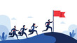 © Salauddin - Business team following their leader up a challenging hill towards a red flag, symbolizing teamwork, ambition, and achieving success.