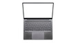 © ATIQULISLAM - Top view of modern grey laptop with transparent screen and open lid on grey checkered background isolated object for design mockups and presentations technology concepts.