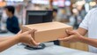 © Iuliia - Man giving cardboard box to a woman at counter. Courier handing parcel to customer in shop. Delivery service and e-commerce retail package shipment. Logistics business and trade concept.
