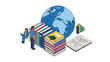 © Tara Fakir - Students engage in global education using a large world globe and numerous stacks of textbooks for their studies.