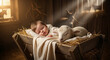 © tae - Peaceful Caucasian infant sleeping soundly in a rustic wooden manger alongside a gentle fluffy lamb, artistic recreation of the biblical nativity scene representing hope and new beginnings.