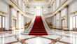 © Lemari - A grand, ornate interior showcases a sweeping staircase adorned with a vibrant red carpet, framed by elegant columns and intricate detailing, creating a sense of luxury and architectural splendor.
