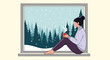 © grvect02 - A woman sits by a window gazing out at a snowy landscape while enjoying a warm drink