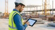 © Wahyu - Construction engineer wearing hard hat and safety vest using a digital tablet on site.