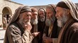 © Svitlana Vorotniak - Apostle Peter and John discussing with priests and sadducees in Jerusalem temple courtyard. Biblical recreation of ancient middle eastern gathering after religious interrogation. Faith.