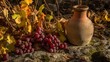 © Akanei - amphora. Still life of scattered grape vines and broken amphora on mossy ground. event programs, museum guides, designed for cultural heritage projects and event programs, preserves heritage.